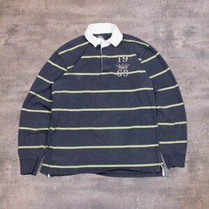 \ VTG Y2K 2000's 00's Gap Crest Logo Grey & Green Stripped Rugby Polo Shirt
